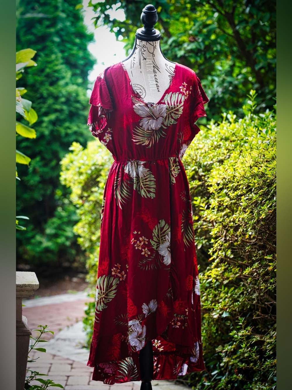 Hawaii Hangover Red Tropical Pineapple Garden High-Low Wrap Ruffle Dress L